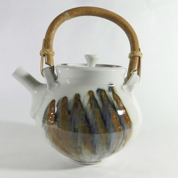 Studio Pottery Bamboo Handle RaKu Stoneware Teapot Signed - Picture 1 of 11